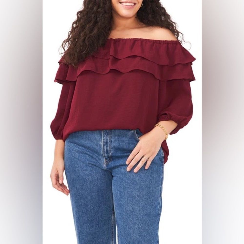 NEW Vince Camuto Elegant Burgundy Ruffle Blouse 3X
